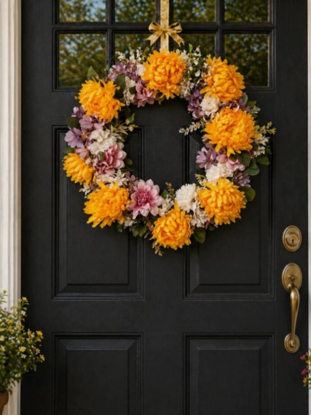 Spring Wreath for Front Door Yellow Mums, White Carnation, Large Handmade 20x20”